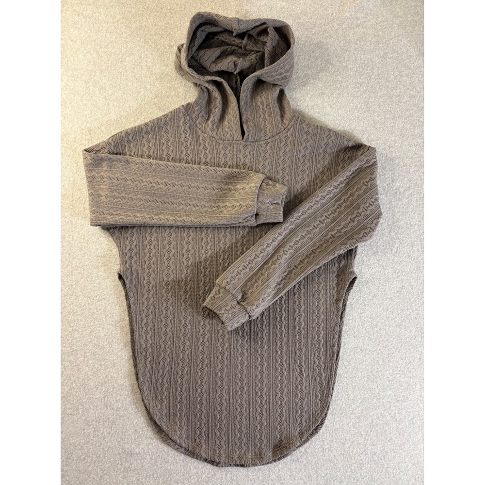 Shein Pointelle Knit Hoodie Taupe Brown High Low Side Slit Sweater Womens Small